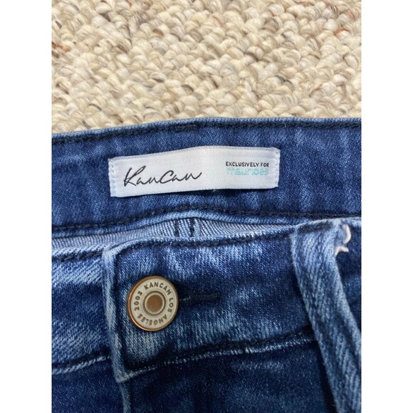 28 Kancan High Rise Distressed Flare Raw Fray Hem Dark Wash Blue - Picture 7 of 7